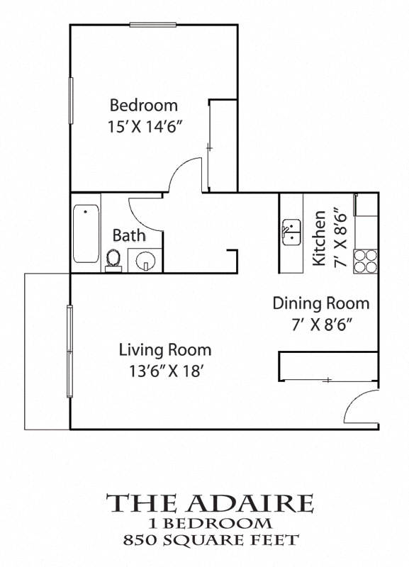 Floor plan for 1 bed, 1 bath, 850 sqft