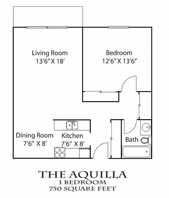 Floor plan for 1 bed, 1 bath, 750 sqft
