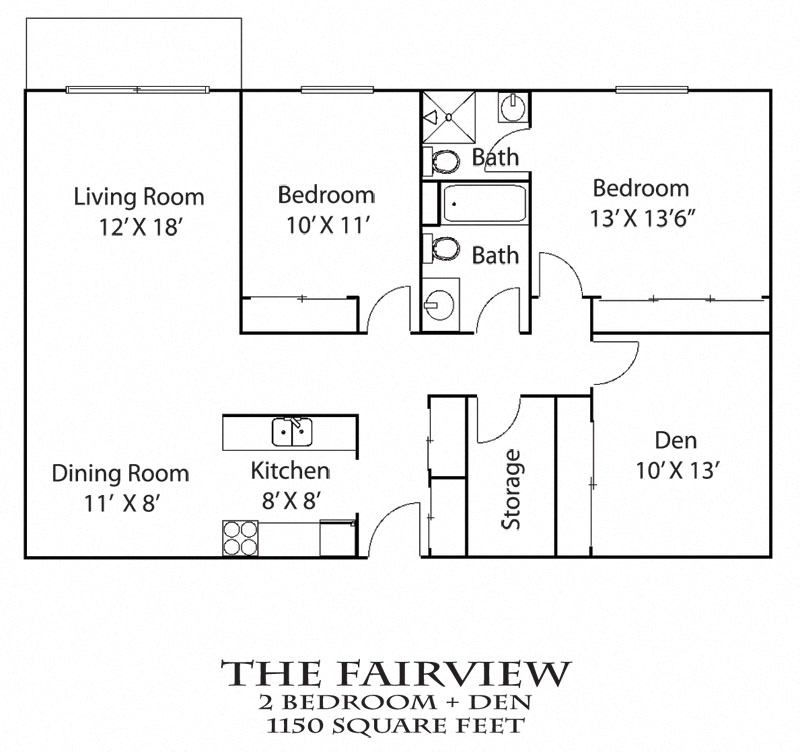 Floor plan for 2 beds, 2 baths, 1150 sqft