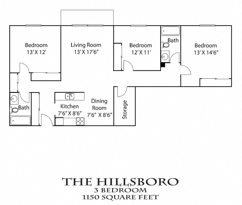 Floor plan for 3 beds, 2 baths, 1250 sqft
