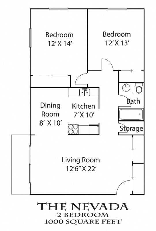 Floor plan for 2 beds, 1 bath, 1000 sqft