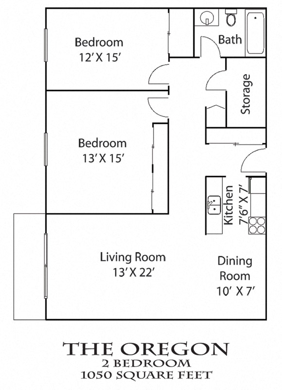 Floor plan for 2 beds, 1 bath, 1050 sqft