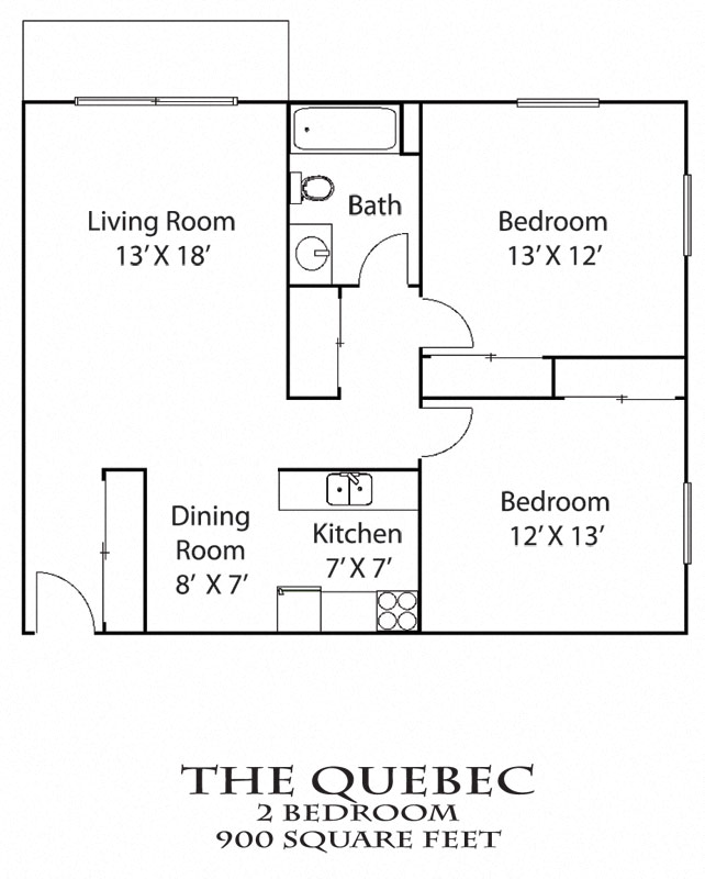 Floor plan for 2 beds, 1 bath, 1000 sqft