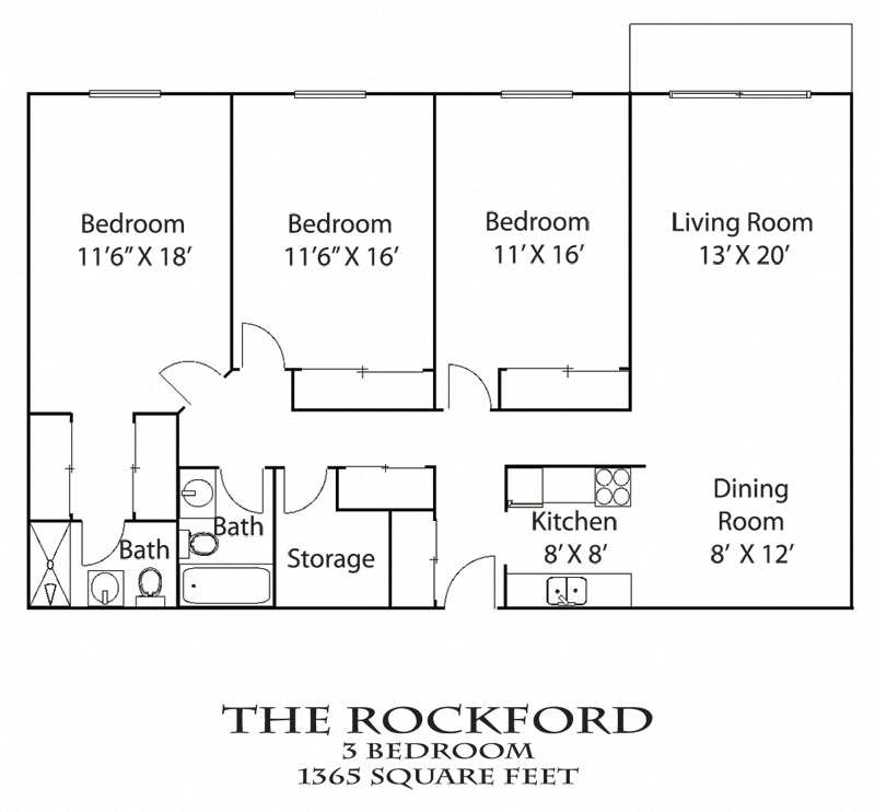 Floor plan for 3 beds, 2 baths, 1500 sqft