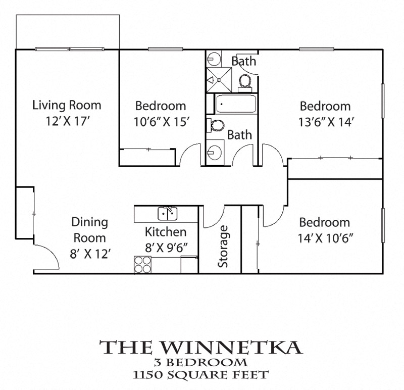 Floor plan for 3 beds, 2 baths, 1250 sqft