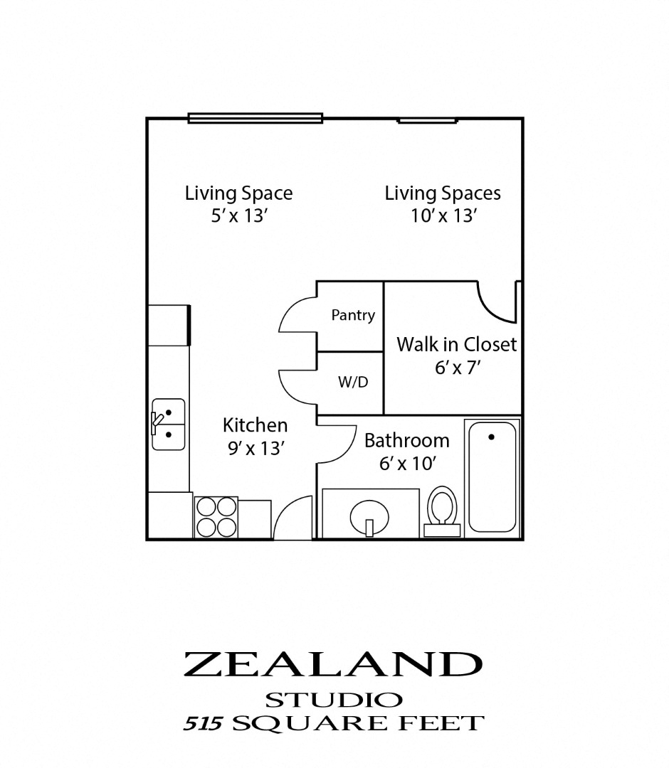 Floor plan for studio, 1 bath, 515 sqft