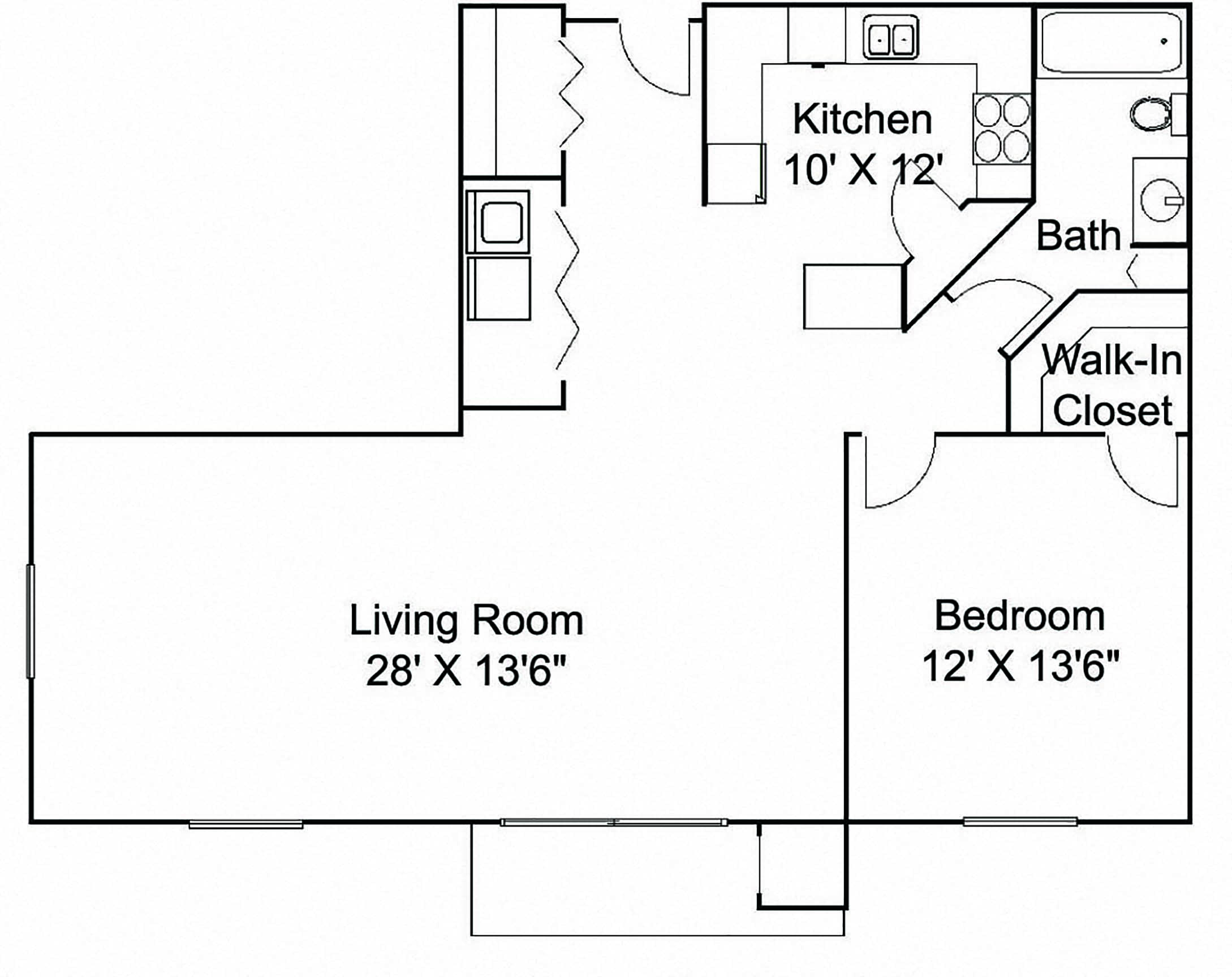 Floor plan for 1 bed, 1 bath, 832 sqft