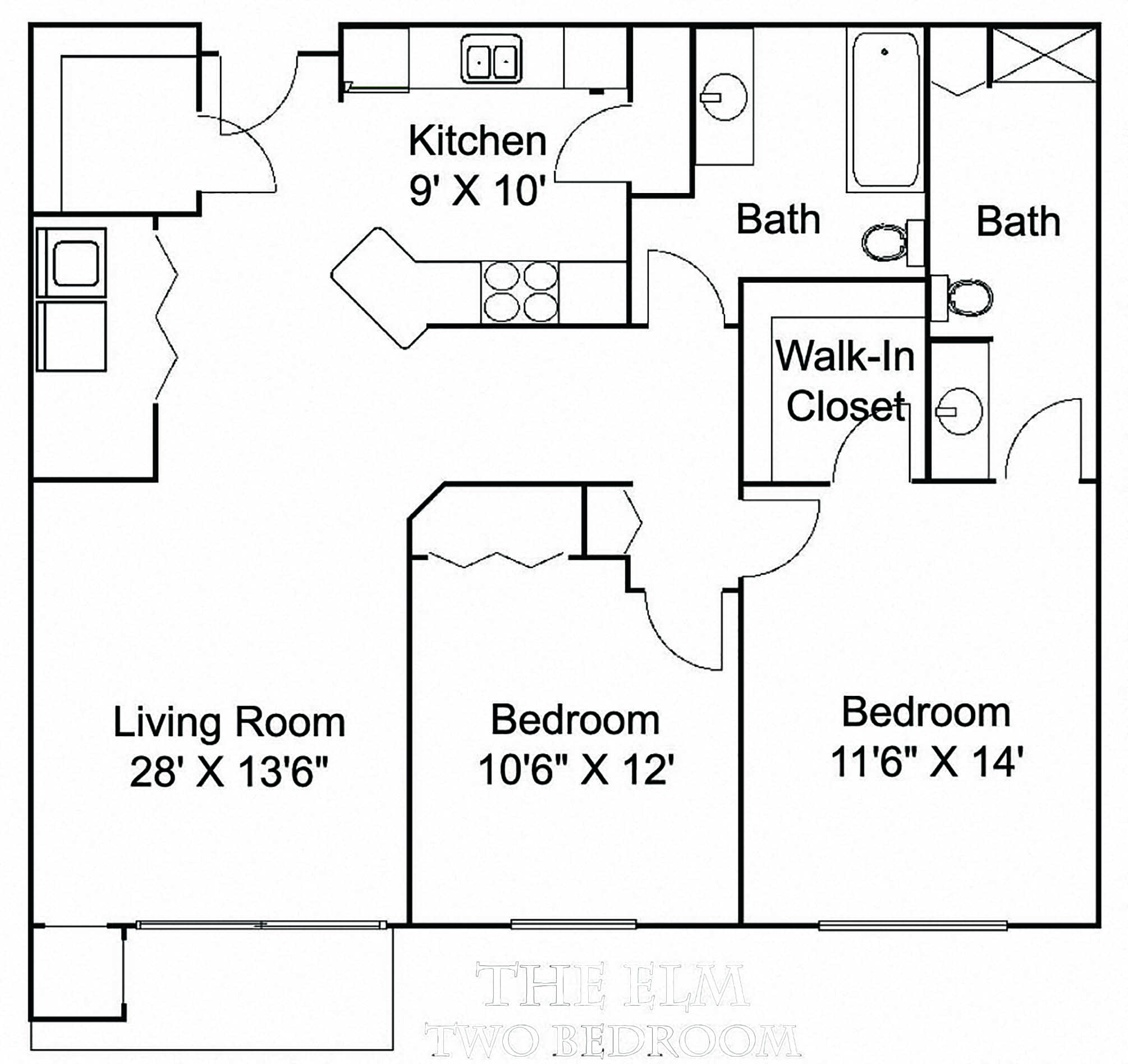 Floor plan for 2 beds, 2 baths, 1030 sqft