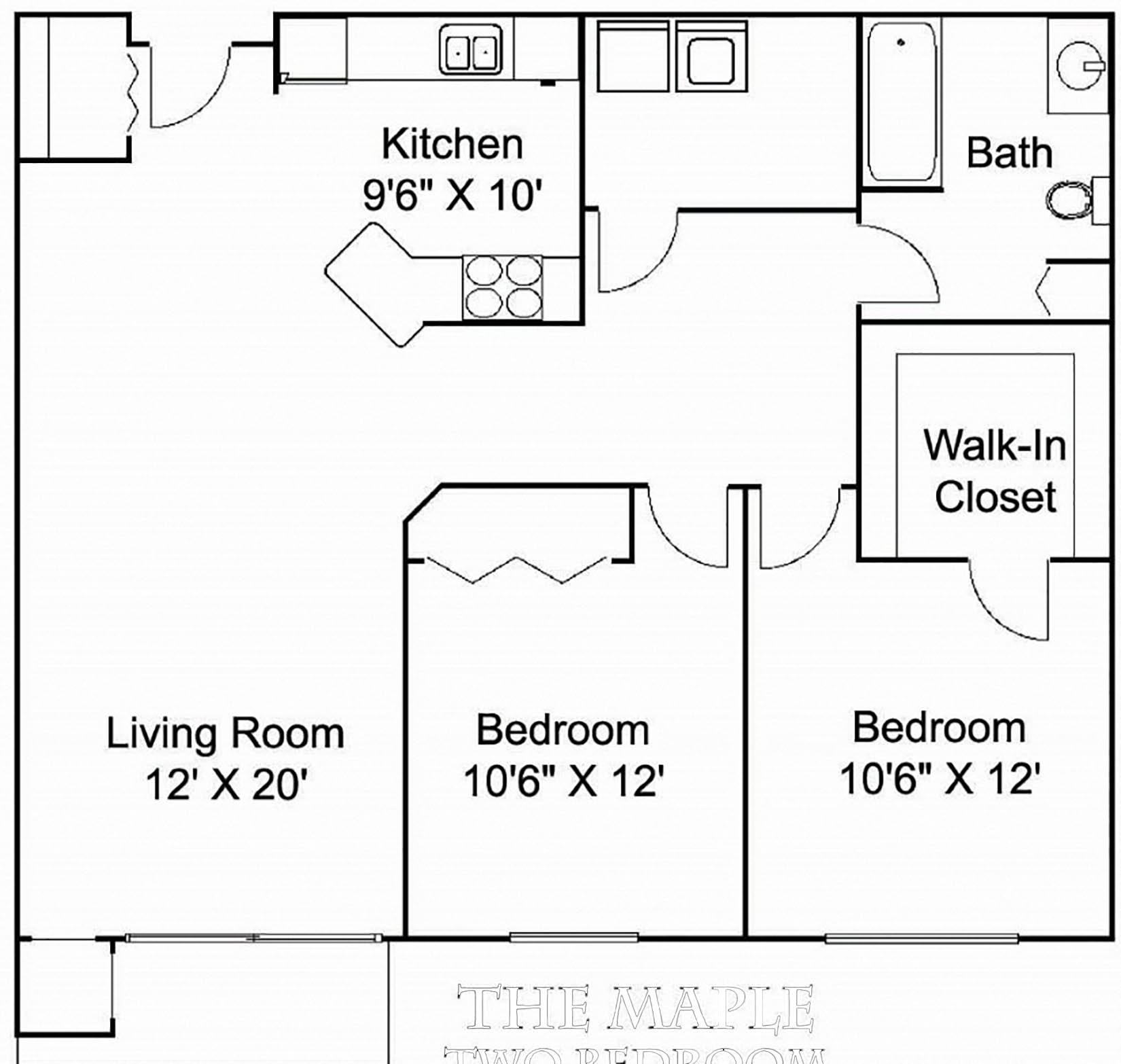 Floor plan for 2 beds, 1 bath, 978 sqft