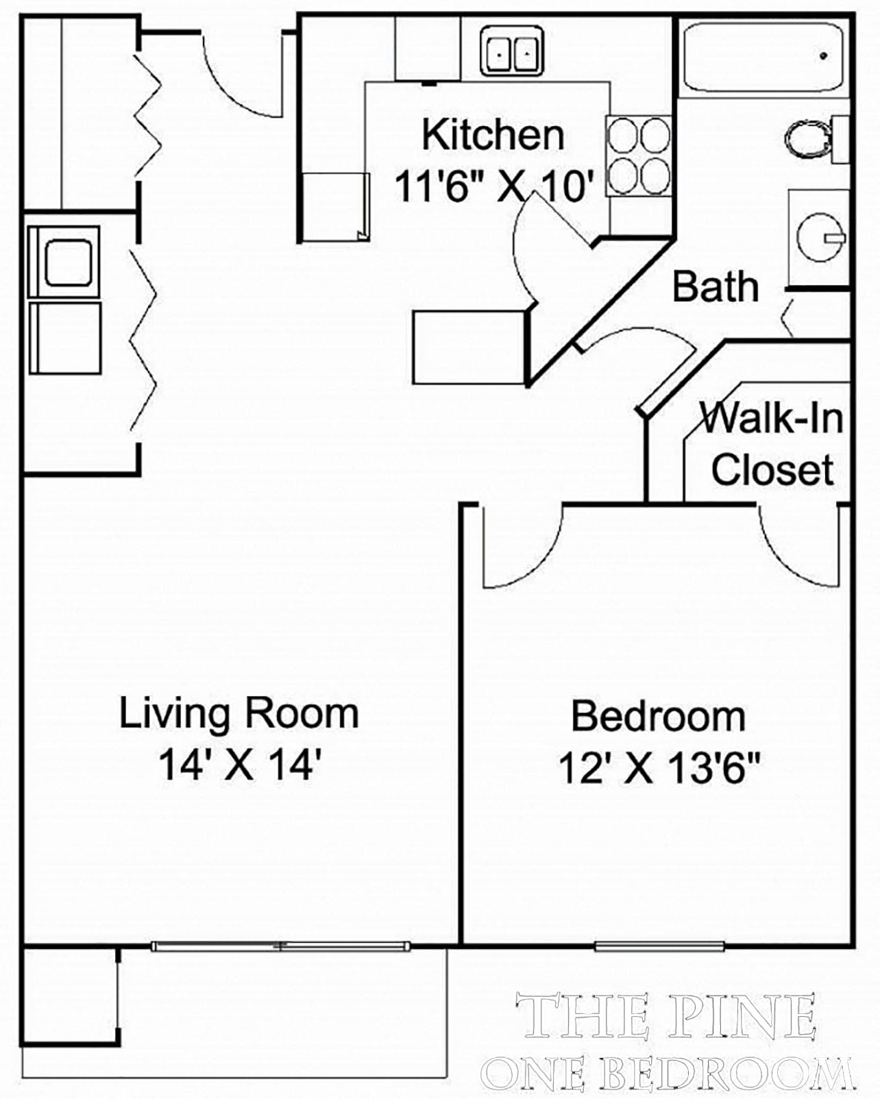 Floor plan for 1 bed, 1 bath, 732 sqft
