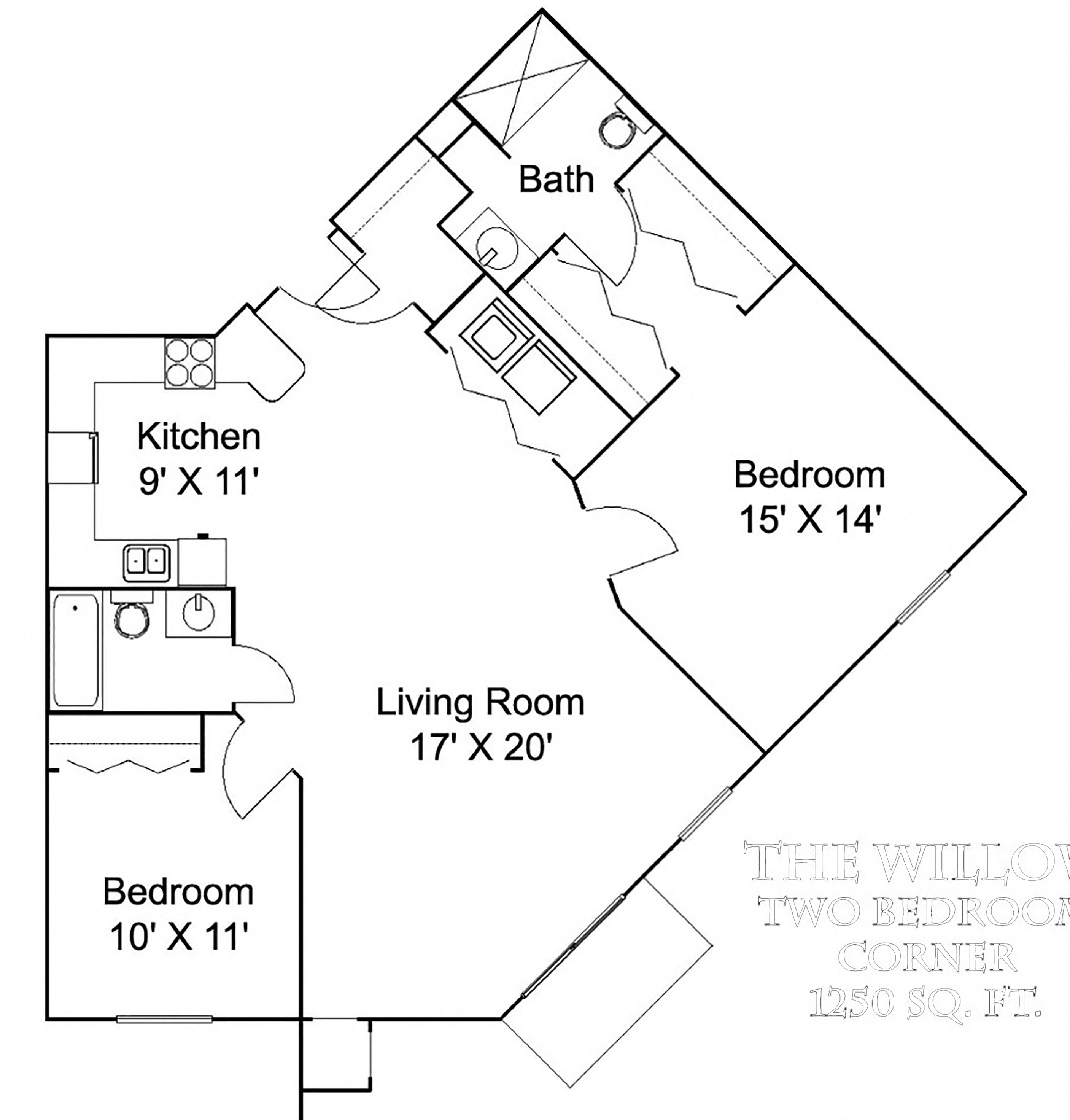 Floor plan for 2 beds, 2 baths, 1264 sqft