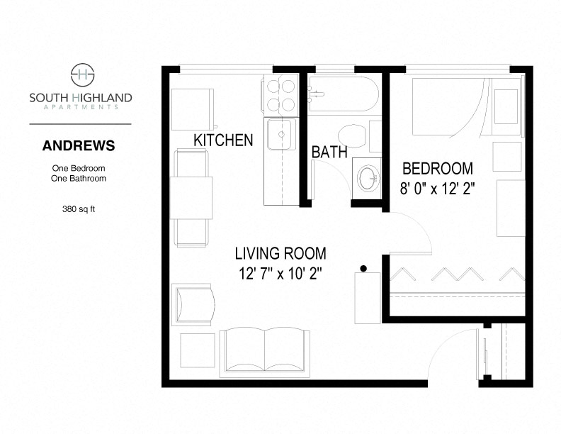 Floor plan for 1 bed, 1 bath, 380 sqft