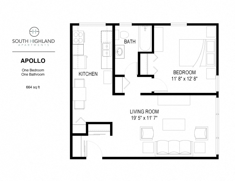 Floor plan for 1 bed, 1 bath, 664 sqft