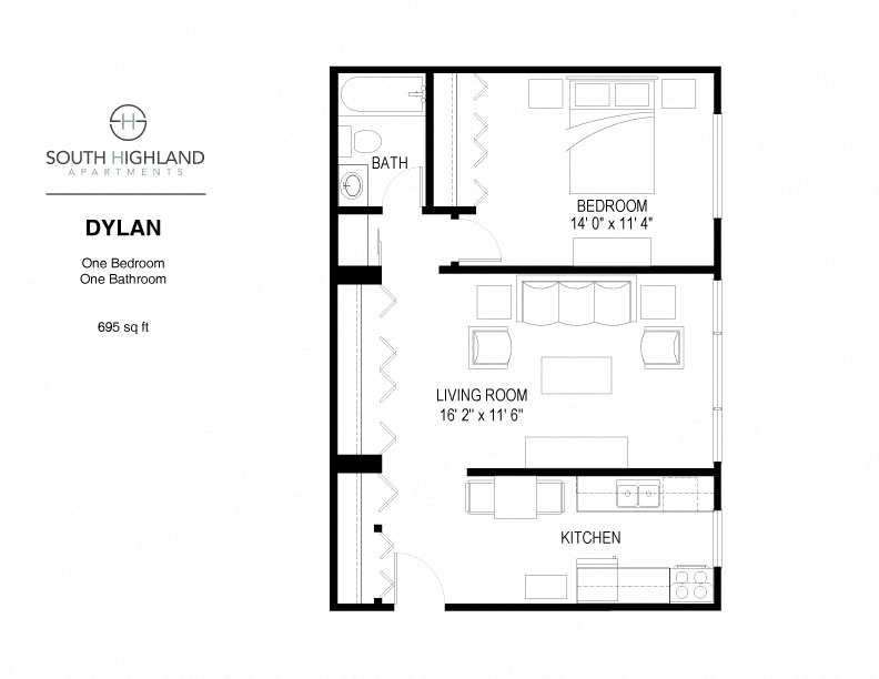 Floor plan for 1 bed, 1 bath, 695 sqft