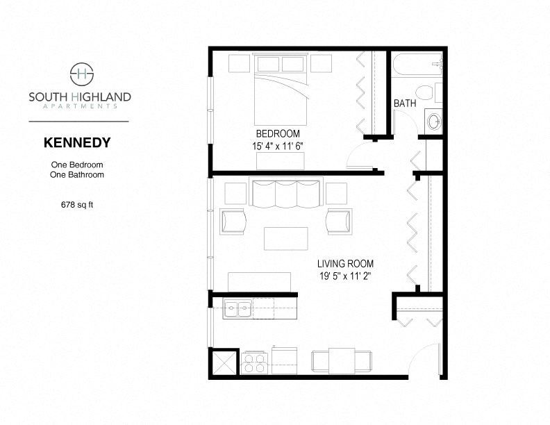 Floor plan for 1 bed, 1 bath, 678 sqft