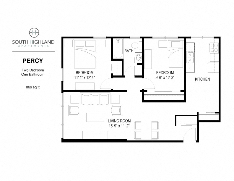 Floor plan for 2 beds, 1 bath, 866 sqft