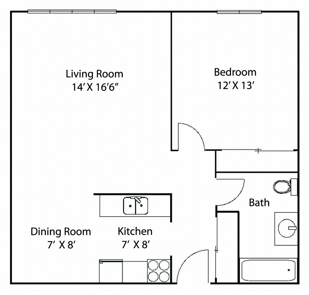 Floor plan for 1 bed, 1 bath, 750 sqft