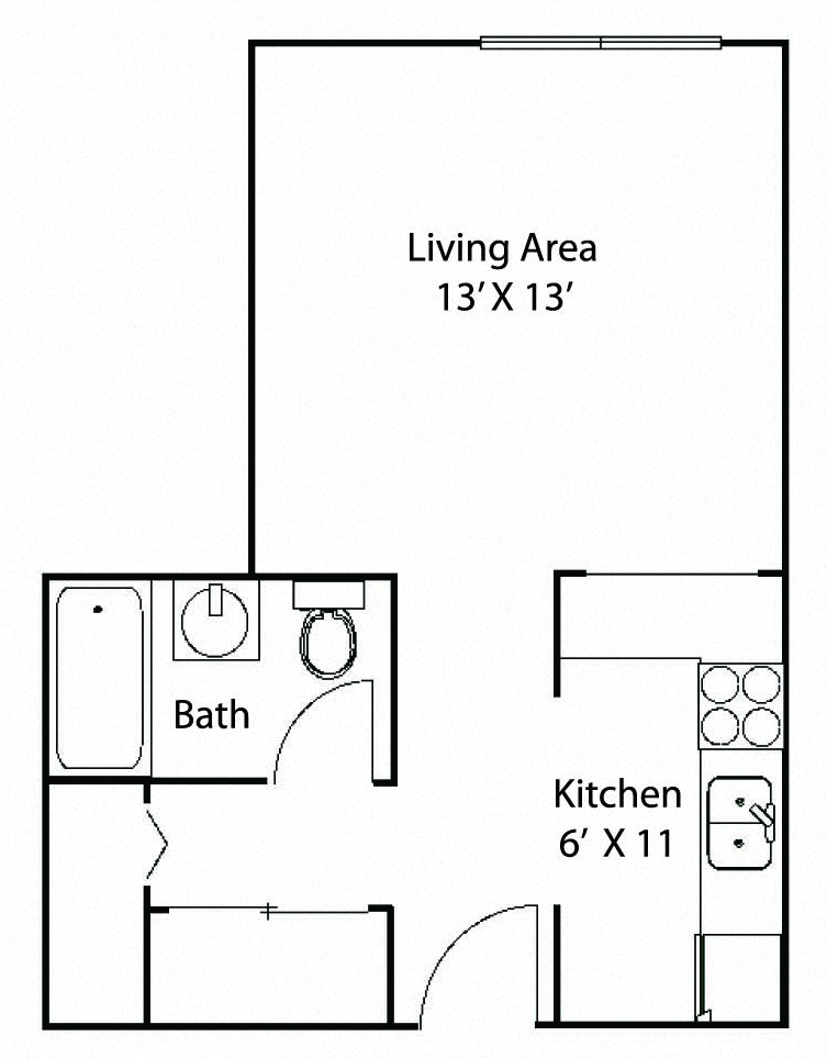 Floor plan for studio, 1 bath, 525 sqft