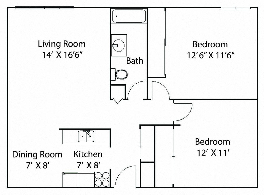 Floor plan for 2 beds, 1 bath, 859 sqft