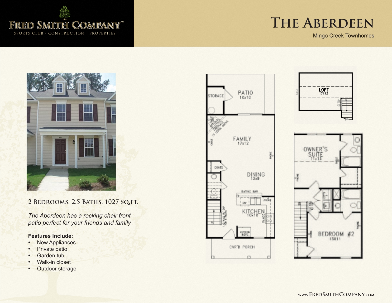Floor plan for 2 beds, 2.5 baths, 1027 sqft