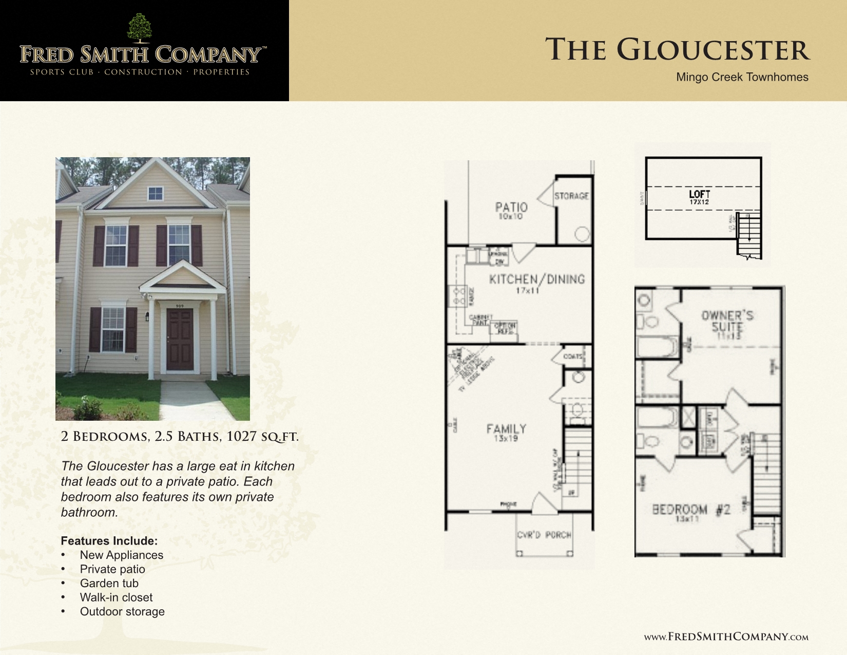 Floor plan for 2 beds, 2.5 baths, 1027 sqft