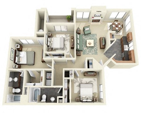 Floor plan for 3 beds, 2 baths, 1280 sqft
