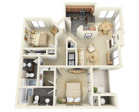 Floor plan for 2 beds, 2 baths, 1048 sqft