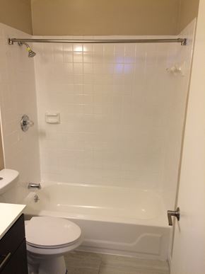 Washington apartment for rent - a white bathroom with a shower and a toilet