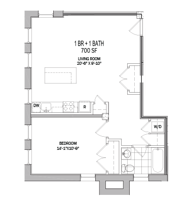 Floor plan for 1 bed, 1 bath, 867 sqft