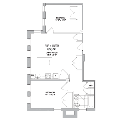 Floor plan for 2 beds, 1 bath, 844 sqft