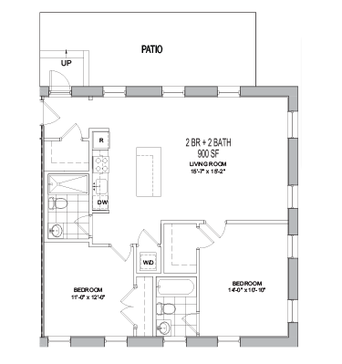 Floor plan for 2 beds, 2 baths, 1031 sqft