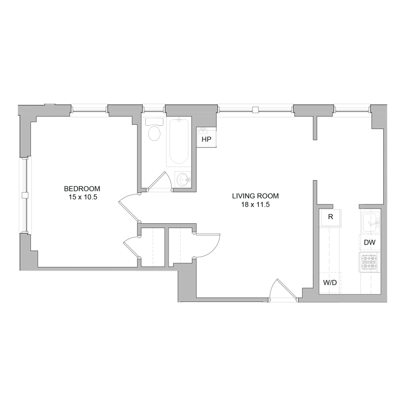 Floor plan for 1 bed, 1 bath, 600 sqft