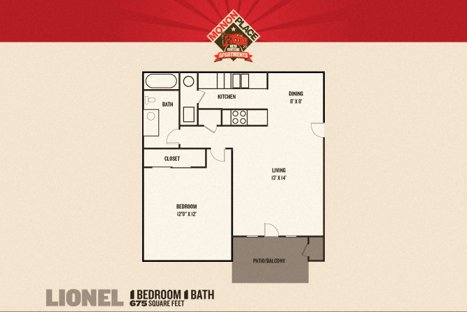 Floor plan for 1 bed, 1 bath, 740 sqft