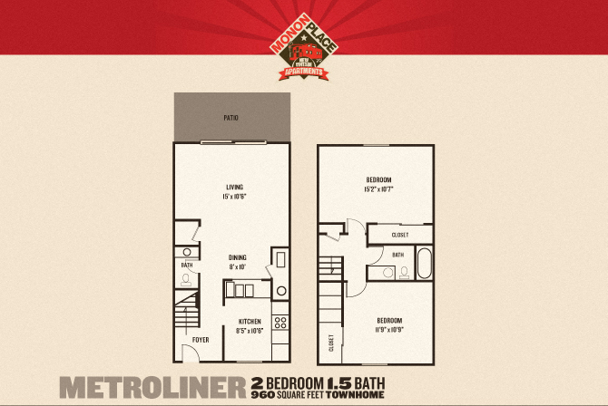 Floor plan for 2 beds, 1.5 baths, 1088 sqft