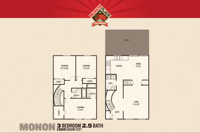 Floor plan for 3 beds, 2.5 baths, 1320 sqft