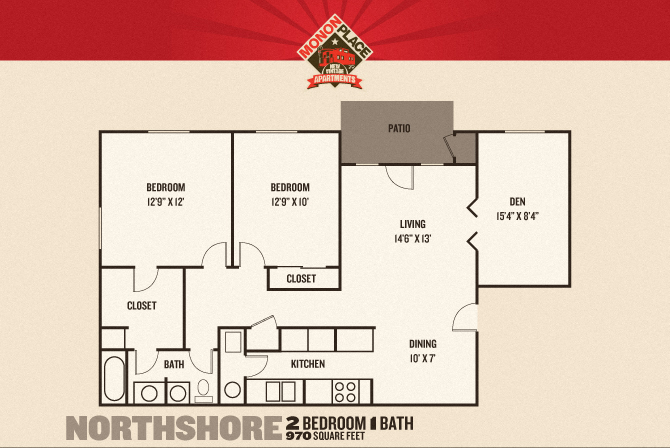 Floor plan for 2 beds, 1 bath, 970 sqft