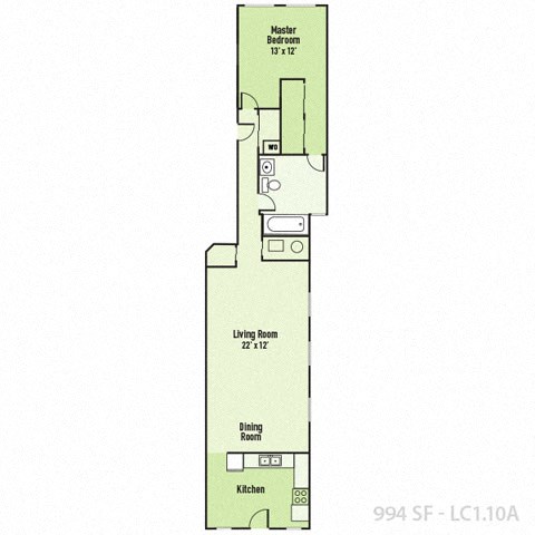 Floor plan for 1 bed, 1 bath, 994 sqft