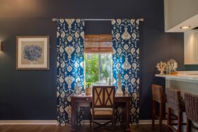 Kokomo apartment for rent - counter top in kitchen with blue curtains at Bradford Run in Kokomo, IN
