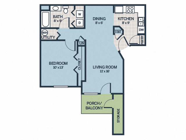 Floor plan for 1 bed, 1 bath, 715 sqft