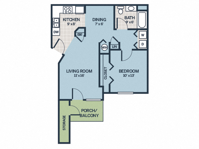 Floor plan for 1 bed, 1 bath, 676 sqft
