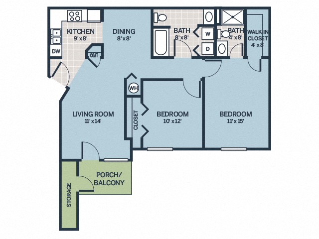 Floor plan for 2 beds, 2 baths, 948 sqft