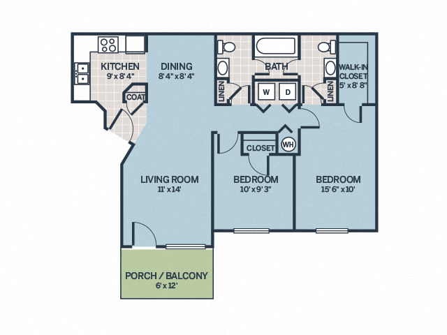 Floor plan for 2 beds, 2 baths, 889 sqft