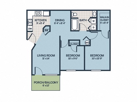 Floor plan for 2 beds, 1 bath, 852 sqft