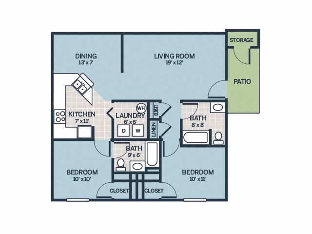 Floor plan for 2 beds, 2 baths, 1034 sqft