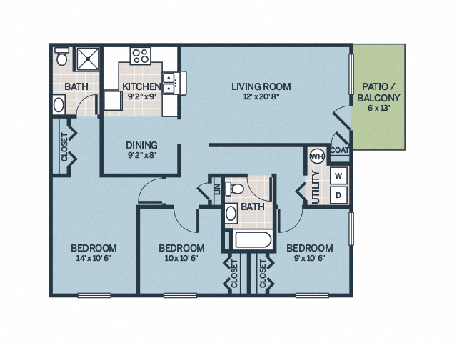 Floor plan for 3 beds, 2 baths, 1158 sqft