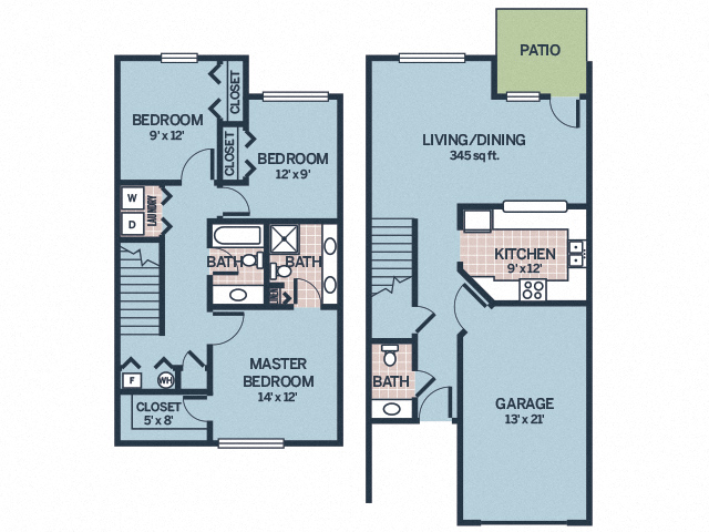 Floor plan for 3 beds, 2 baths, 1480 sqft