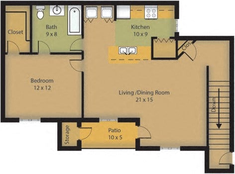 Floor plan for 1 bed, 1 bath, 785 sqft