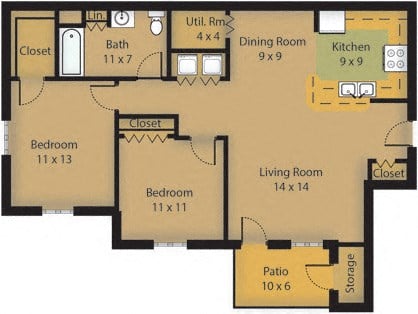 Floor plan for 2 beds, 1 bath, 941 sqft