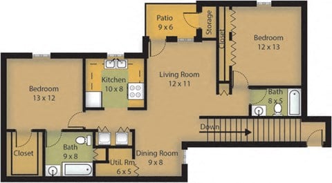 Floor plan for 2 beds, 2 baths, 1042 sqft