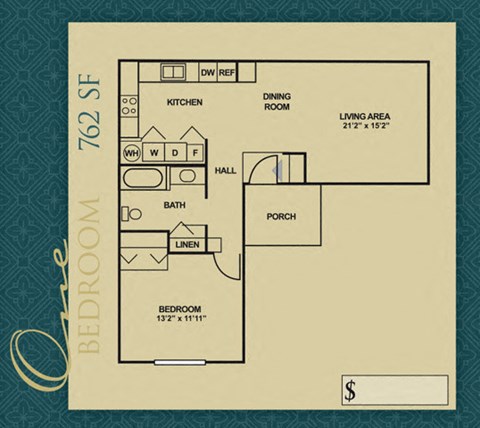 Floor plan for 1 bed, 1 bath, 762 sqft